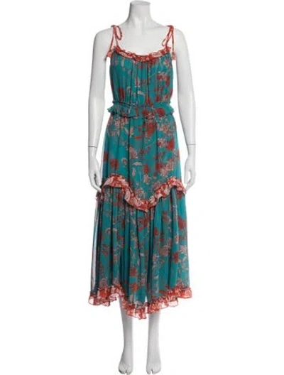 Pre-owned Misa Floral Print Midi Length Dress In Green