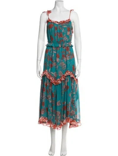 Pre-owned Misa Floral Print Midi Length Dress In Green