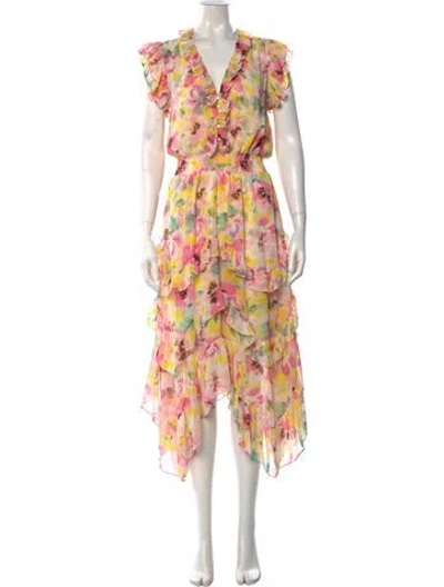 Pre-owned Misa Floral Print Midi Length Dress In Neutral