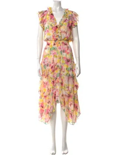 Pre-owned Misa Floral Print Midi Length Dress In Neutrals