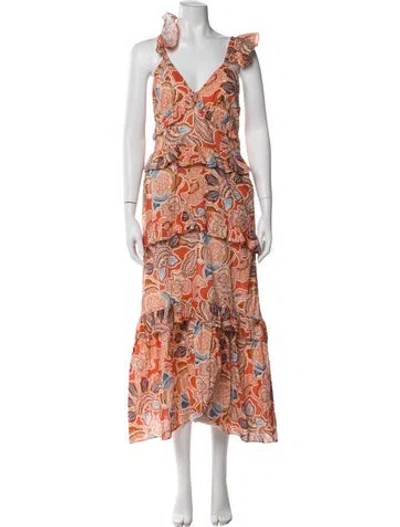 Pre-owned Misa Floral Print Midi Length Dress In Orange