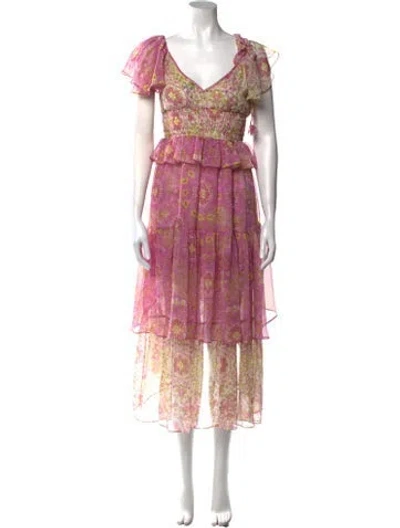 Pre-owned Misa Floral Print Midi Length Dress In Pink
