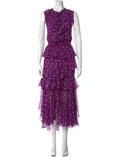 Pre-owned Misa Floral Print Midi Length Dress In Purple