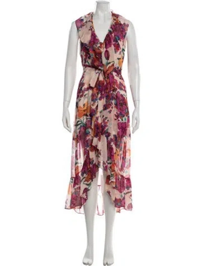 Pre-owned Misa Floral Print Midi Length Dress In Purple