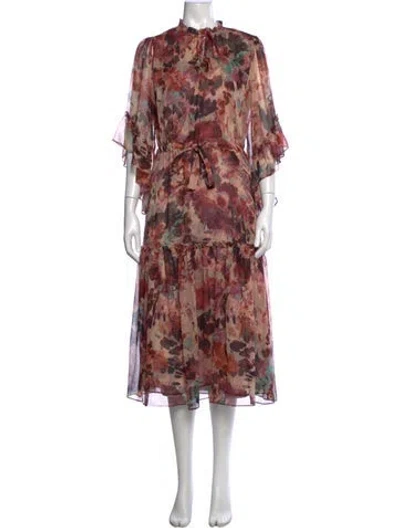 Pre-owned Misa Floral Print Midi Length Dress In Red
