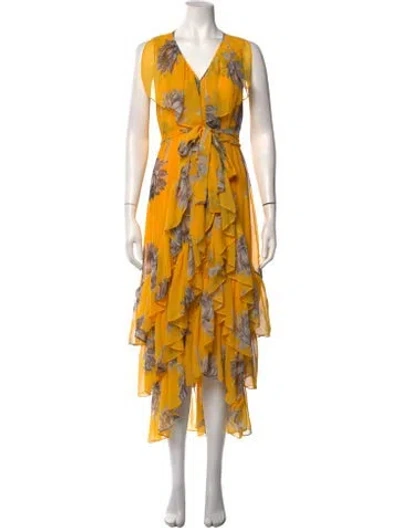 Pre-owned Misa Floral Print Midi Length Dress W/ Tags In Yellow
