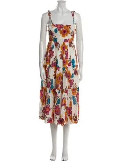 Pre-owned Misa Floral Print Midi Length Dress In White