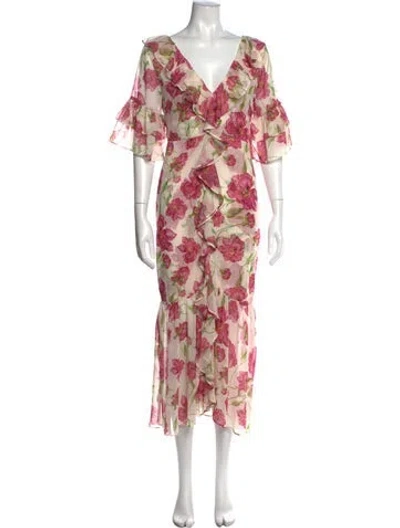 Pre-owned Misa Floral Print Midi Length Dress In White