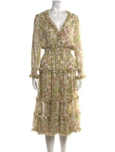 Pre-owned Misa Floral Print Midi Length Dress In White