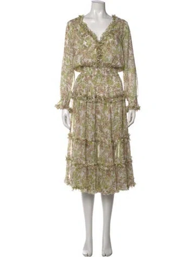 Pre-owned Misa Floral Print Midi Length Dress In White