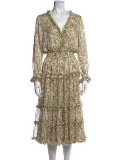 Pre-owned Misa Floral Print Midi Length Dress In White