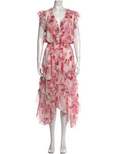 Pre-owned Misa Floral Print Midi Length Dress In White