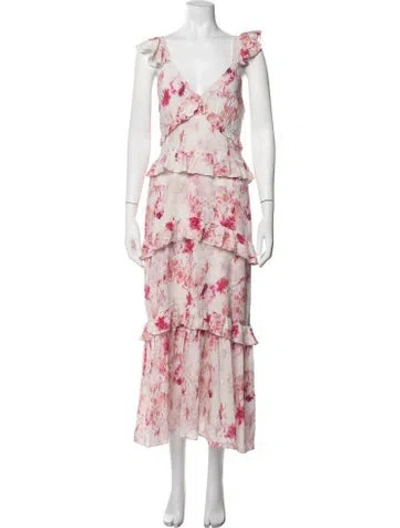 Pre-owned Misa Floral Print Midi Length Dress In White