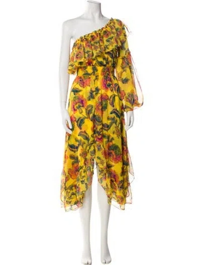 Pre-owned Misa Floral Print Midi Length Dress In Yellow