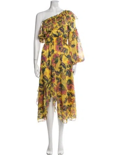 Pre-owned Misa Floral Print Midi Length Dress In Yellow