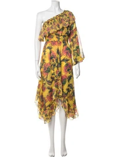 Pre-owned Misa Floral Print Midi Length Dress In Yellow