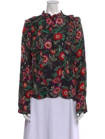 Pre-owned Misa Floral Print Mock Neck Blouse In Black