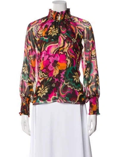 Pre-owned Misa Floral Print Mock Neck Blouse In Black