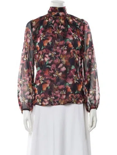 Pre-owned Misa Floral Print Mock Neck Blouse In Black