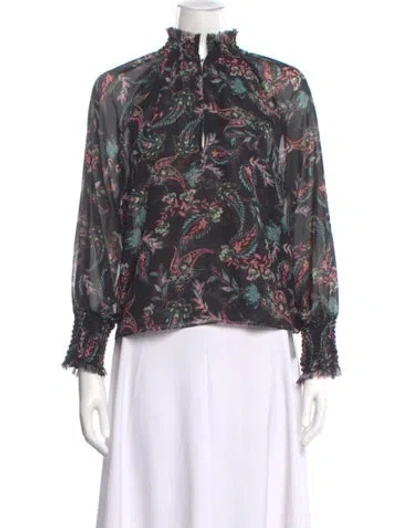 Pre-owned Misa Floral Print Mock Neck Blouse In Black