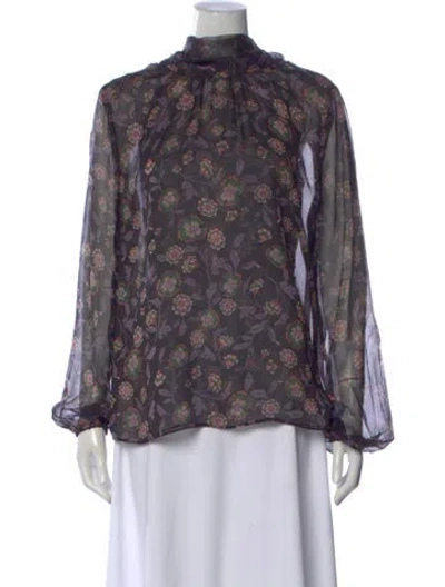 Pre-owned Misa Floral Print Mock Neck Blouse In Black