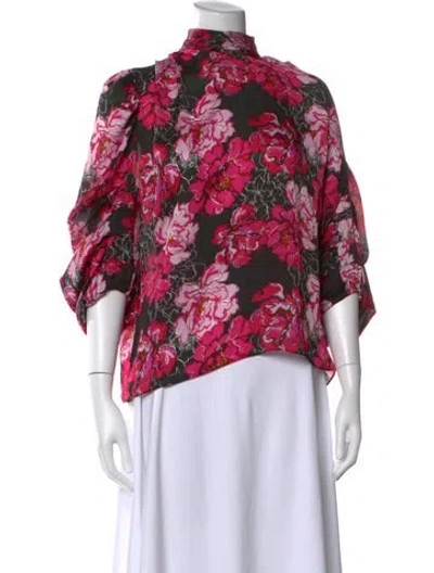 Pre-owned Misa Floral Print Mock Neck Blouse In Black