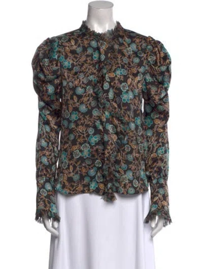 Pre-owned Misa Floral Print Mock Neck Blouse In Blue