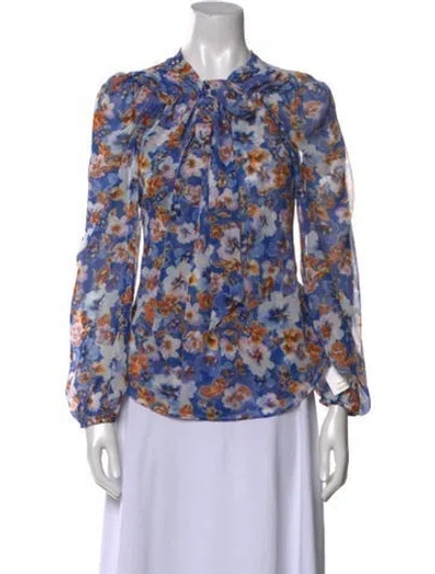 Pre-owned Misa Floral Print Mock Neck Blouse In Blue
