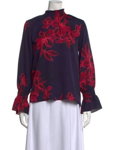 Pre-owned Misa Floral Print Mock Neck Blouse In Blue