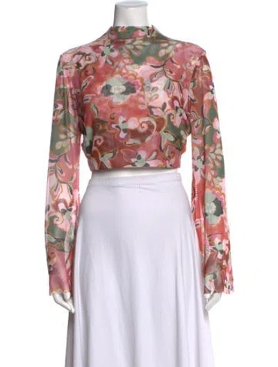 Pre-owned Misa Floral Print Mock Neck Blouse In Pink