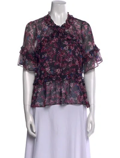 Pre-owned Misa Floral Print Mock Neck Blouse In Purple