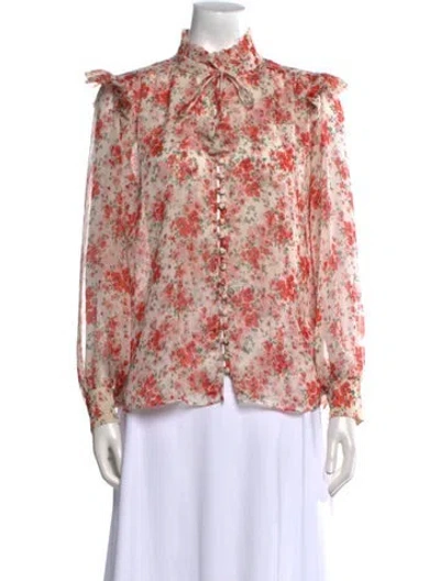 Pre-owned Misa Floral Print Mock Neck Blouse In Red