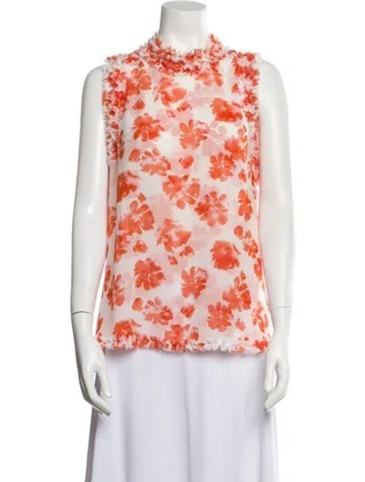 Pre-owned Misa Floral Print Mock Neck Blouse In White
