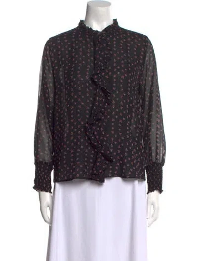 Pre-owned Misa Floral Print Mock Neck Button-up Top In Black