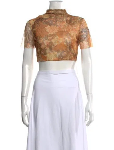Pre-owned Misa Floral Print Mock Neck Crop Top W/ Tags In Orange