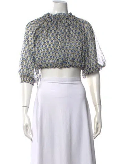 Pre-owned Misa Floral Print Mock Neck Crop Top In White