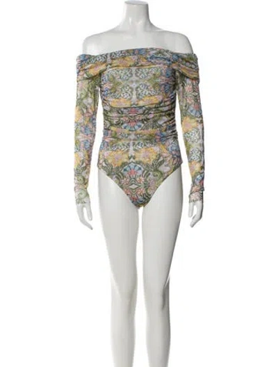 Pre-owned Misa Floral Print Off-the-shoulder Bodysuit In Green