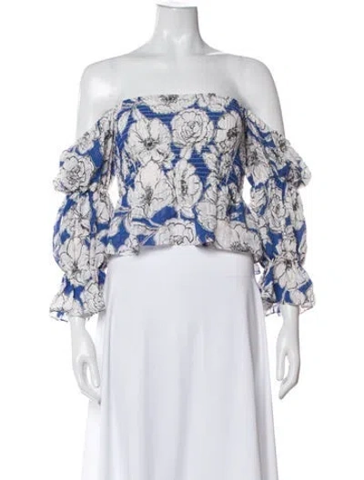 Pre-owned Misa Floral Print Off-the-shoulder Crop Top In Blue