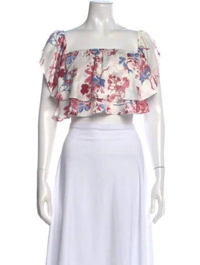 Pre-owned Misa Floral Print Off-the-shoulder Crop Top In White