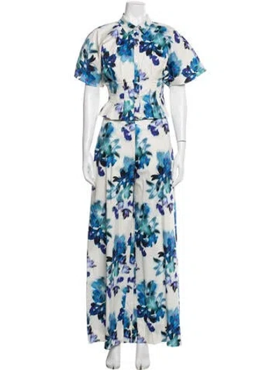 Pre-owned Misa Floral Print Pleated Accents Pantsuit In Blue