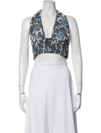 Pre-owned Misa Floral Print Plunge Neckline Crop Top In Blue