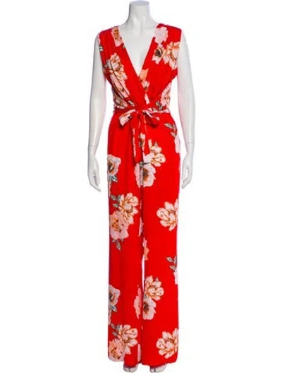 Pre-owned Misa Floral Print Plunge Neckline Jumpsuit In Orange