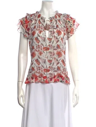 Pre-owned Misa Floral Print Scoop Neck Blouse In White