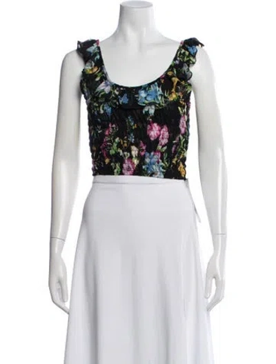 Pre-owned Misa Floral Print Scoop Neck Crop Top In Black