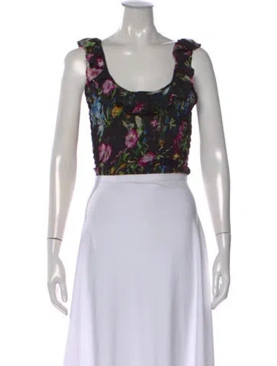 Pre-owned Misa Floral Print Scoop Neck Crop Top In Blue