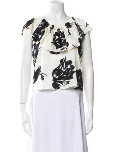 Pre-owned Misa Floral Print Scoop Neck Crop Top In White