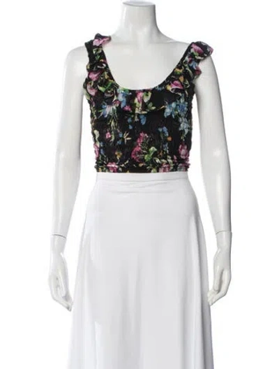 Pre-owned Misa Floral Print Scoop Neck Crop Top In White