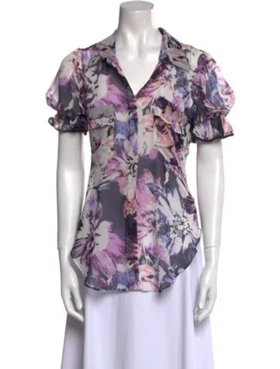 Pre-owned Misa Floral Print Short Sleeve Blouse W/ Tags In Purple