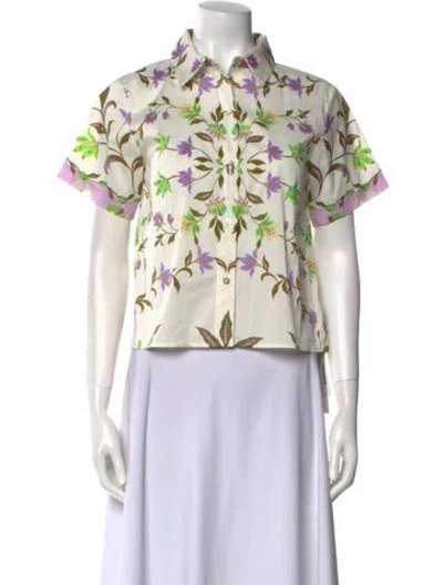 Pre-owned Misa Floral Print Short Sleeve Button-up Top In White