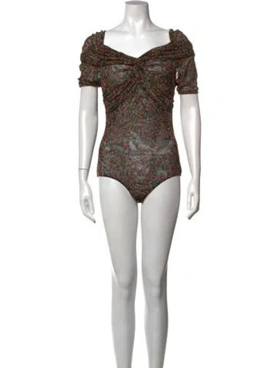 Pre-owned Misa Floral Print Square Neckline Bodysuit In Black